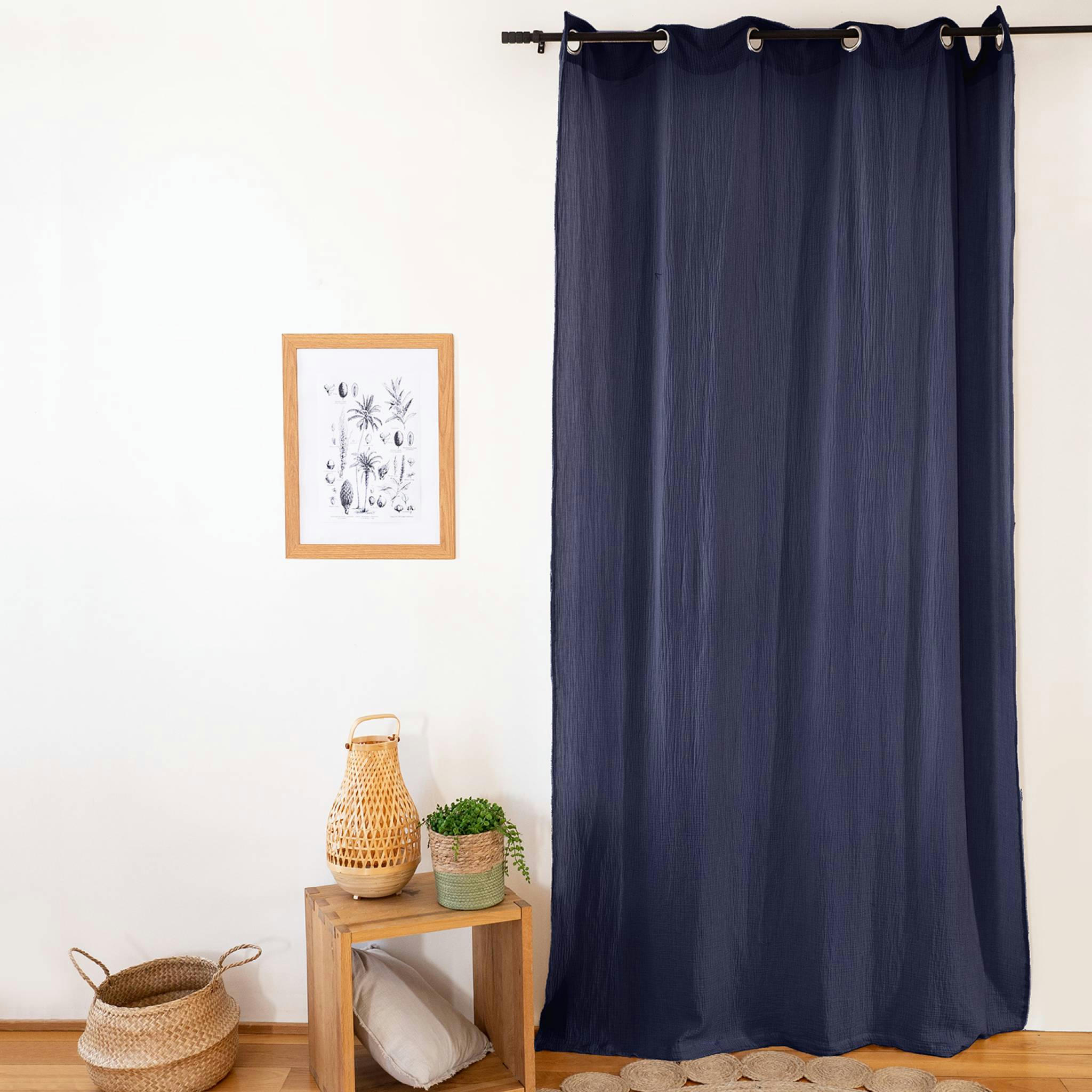 ALIX - Set de 2 rideaux en gaze de coton bleu marine