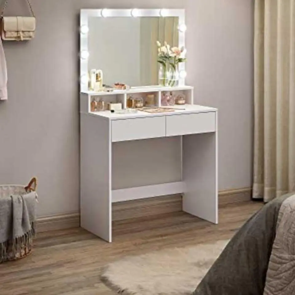 Kaptafel met 9 LED lampen, spiegel, 2 laden, 3 open vakken