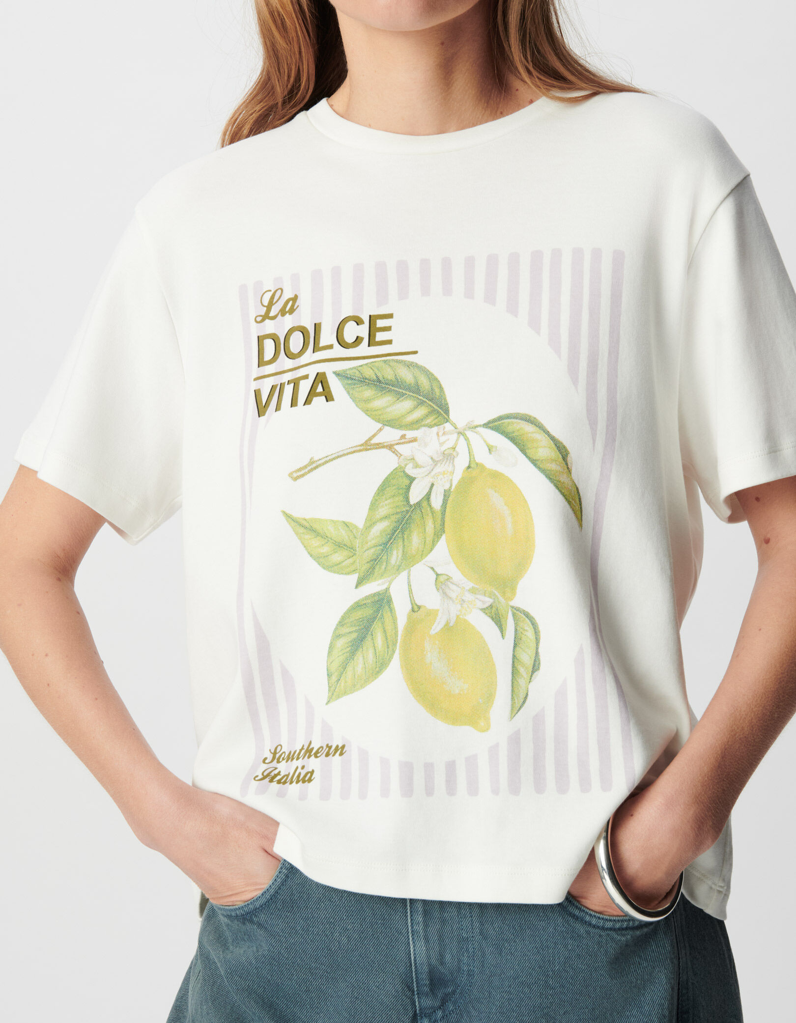 Tee-shirt col rond blanc coton bio visuel citrons Femme