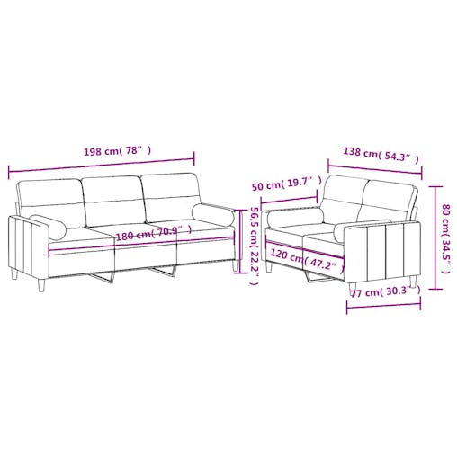 NNEVL 2 Piece Sofa Set with Pillows Black Fabric