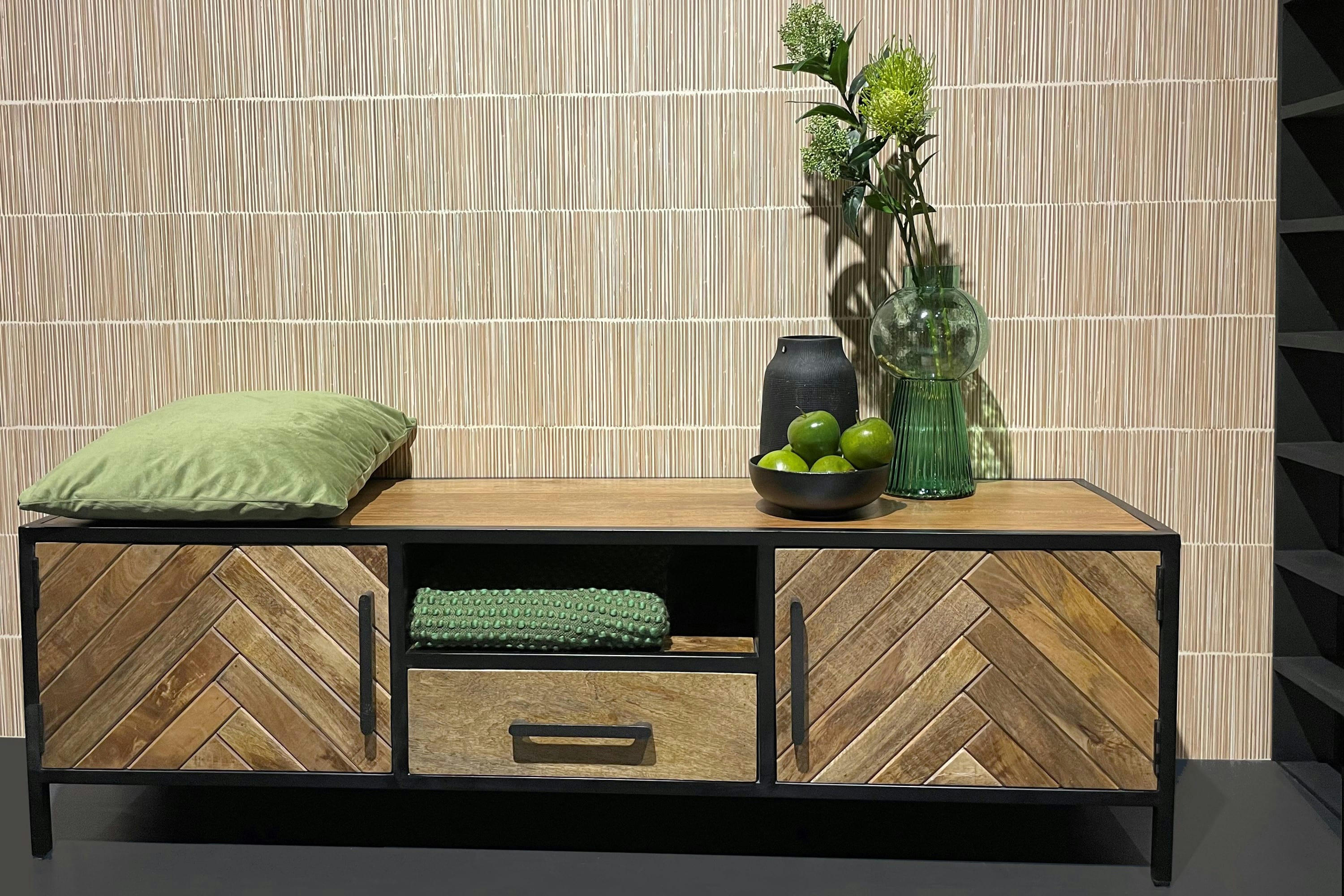 MADRAS - MADRAS-Meuble TV 2 portes 1 tiroir L150, Manguier massif et métal