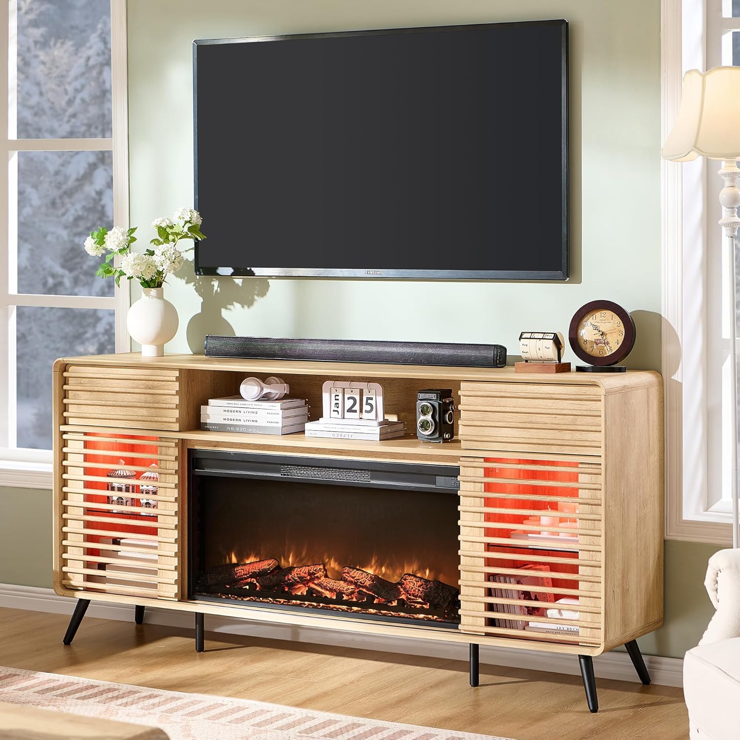 OKD Fireplace TV Stand for 80 Inch TV, Mid Century Modern Entertainment Center w/36 Electric Fireplace & LED Lights, Wood Media Console w/Sliding Slatted Doors & Storage Shelf, Natural Oak