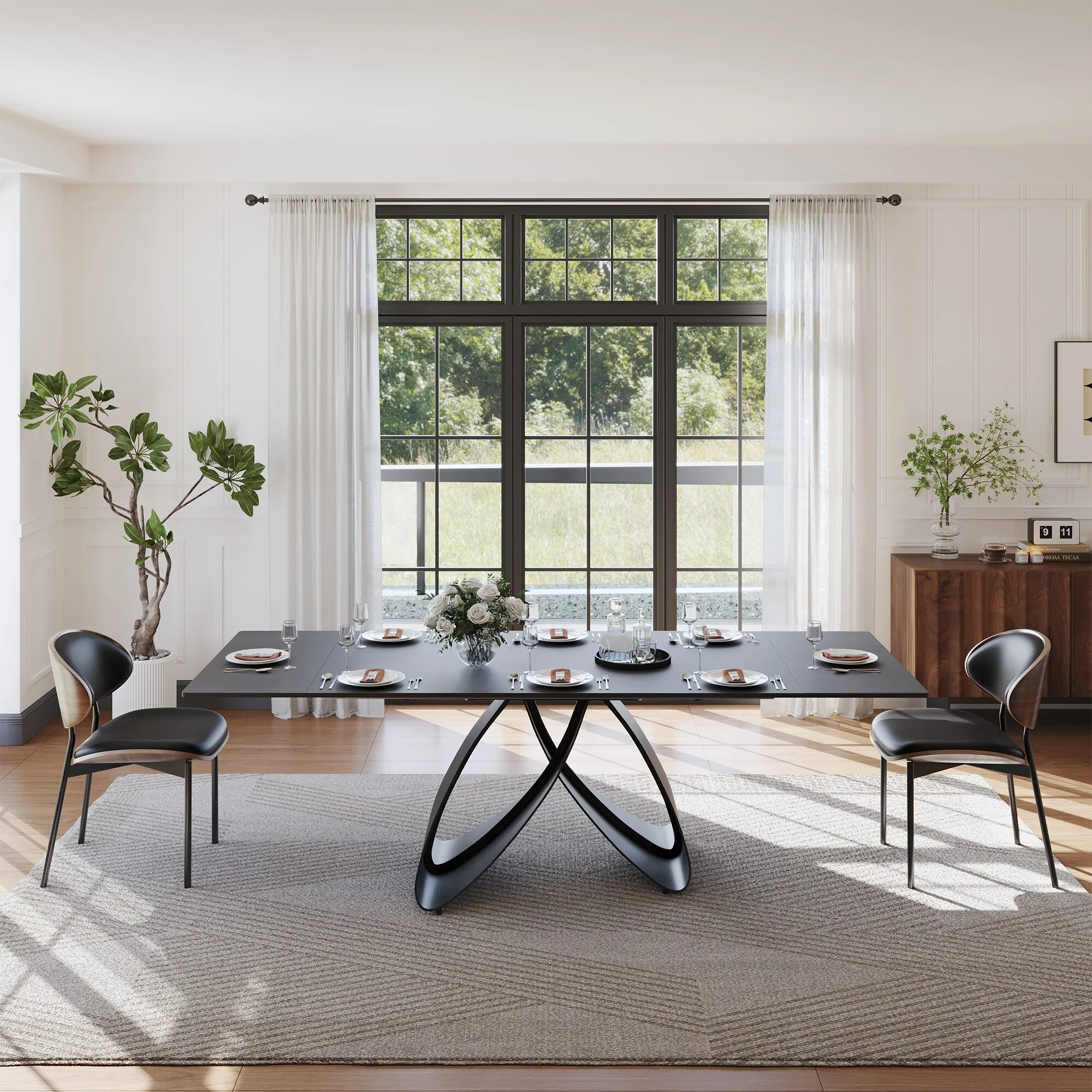 63-94Modern Extendable Dining Table for 6-10, Matte Black Kitchen Table with Black Carbon Steel Legs