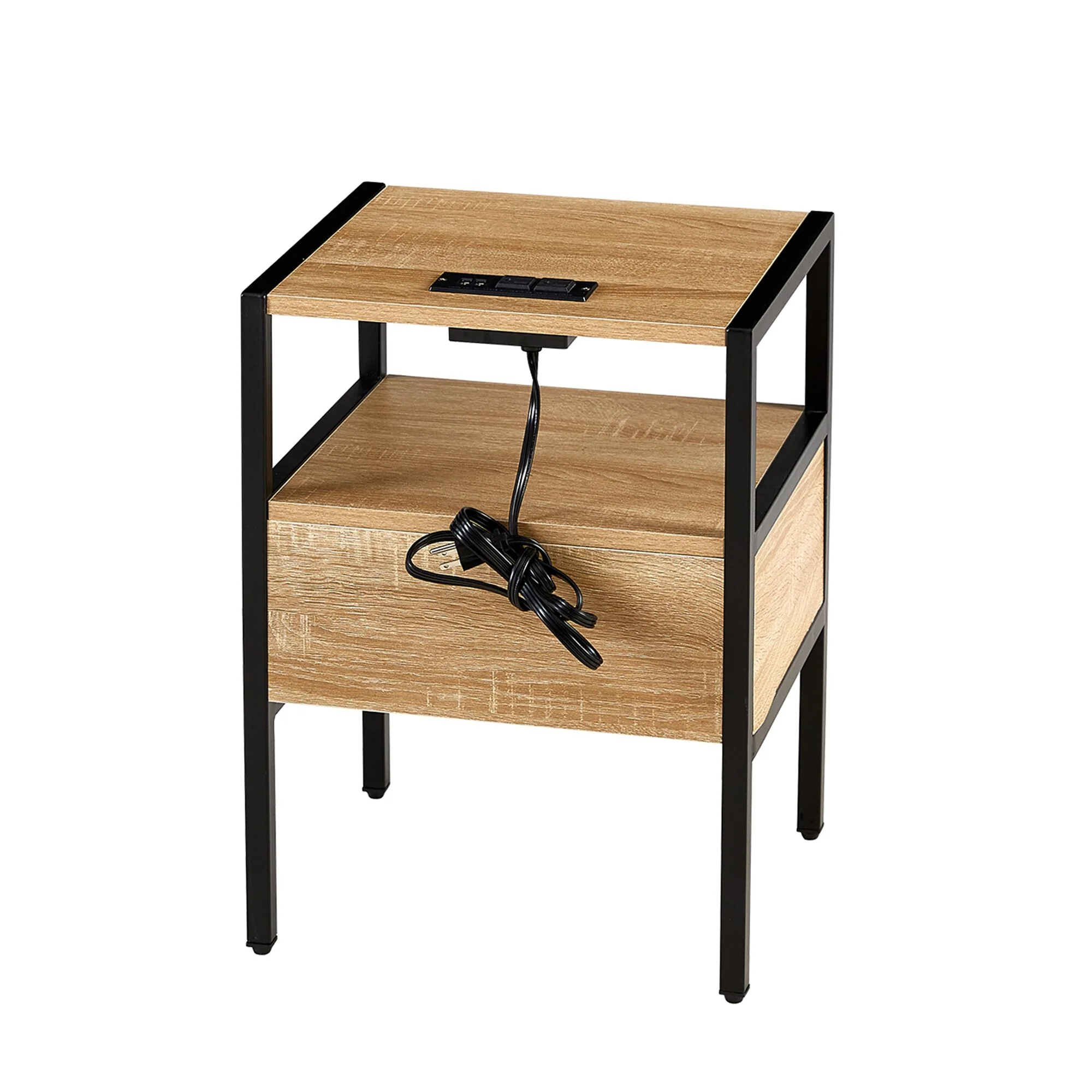 Rattan Nightstand With Power Outlet & Usb Ports With Drawer And Metal Legs