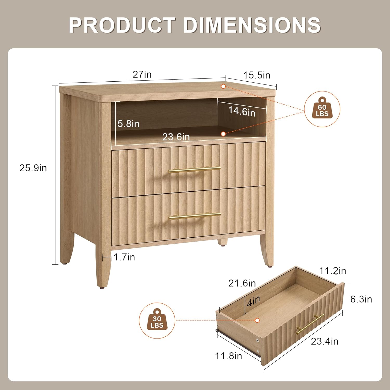 Fluted Nightstand with 2 Drawers, 27 Modern Nightstands Set of 2 with Storage, Large Queen Size Bed Side Table and End Table for Bedroom, Living Room, Office,(Natural Oak,2 Pieces)