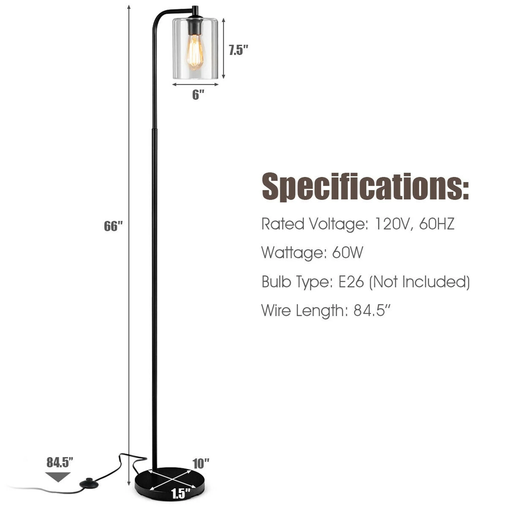 Gymax Industrial Floor Lamp w/ Glass Shade Indoor Modern Tall Pole