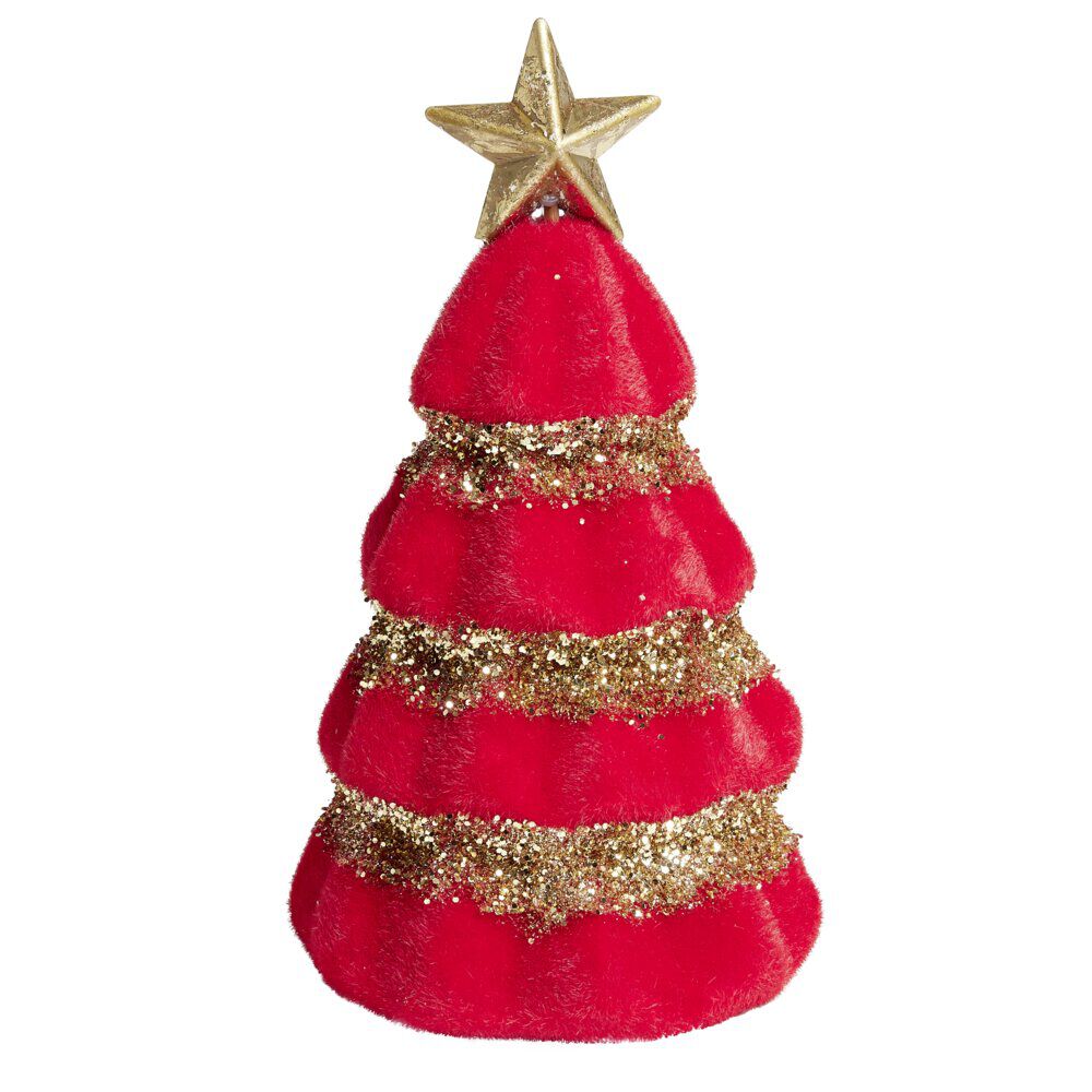 Sapin velours rouge et pailleté doré à poser Ø10,5xH19cm