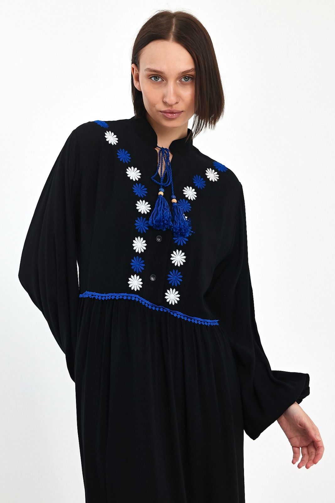Belissh Embroidered Maxi Dress with Tassel Tie in Black