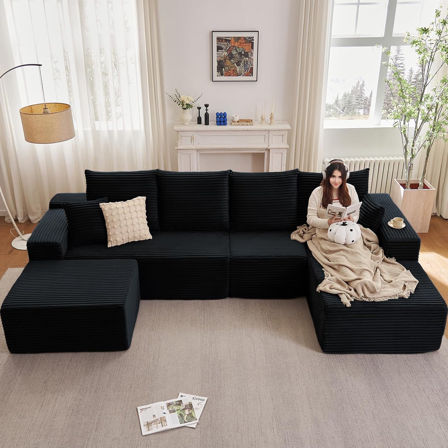 135 U-Shape Cloud Couch, Modern Modular Sectional Comfy L-Shape Sofa with Ottoman, Deep Seat, Upholstered Corduroy Sleeper Chaise Longue for Living Room Bedroom, No Assembly Required, Black