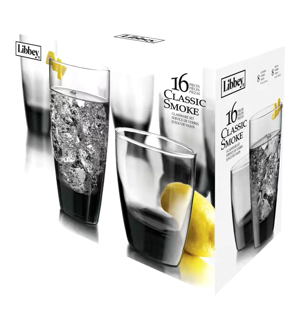 Libbey Carrington 16pc Smoked Tumbler Glassware Set, Dishwasher Safe, 8pc x 384-mL and 8pc x 532mL