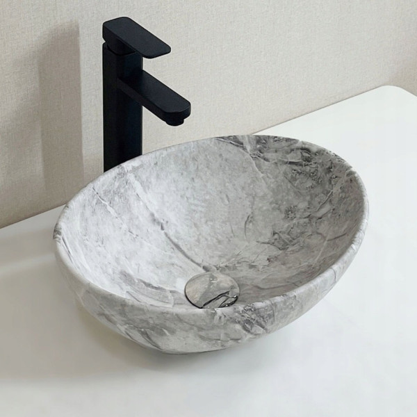 Umywalka ceramiczna nablatowa szara marmur okrągła 42x34 cm