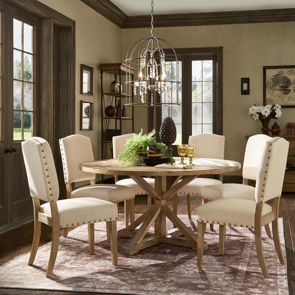 Benchwright Rustic X-base Round Pine Wood Nailhead 7-piece Dining Set by iNSPIRE Q Artisan