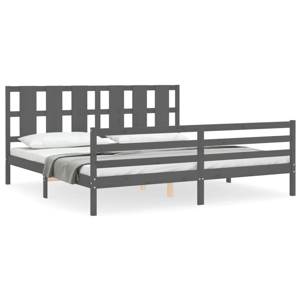 Rama łóżka z wezgłowiem szara 200x200 cm lite drewno