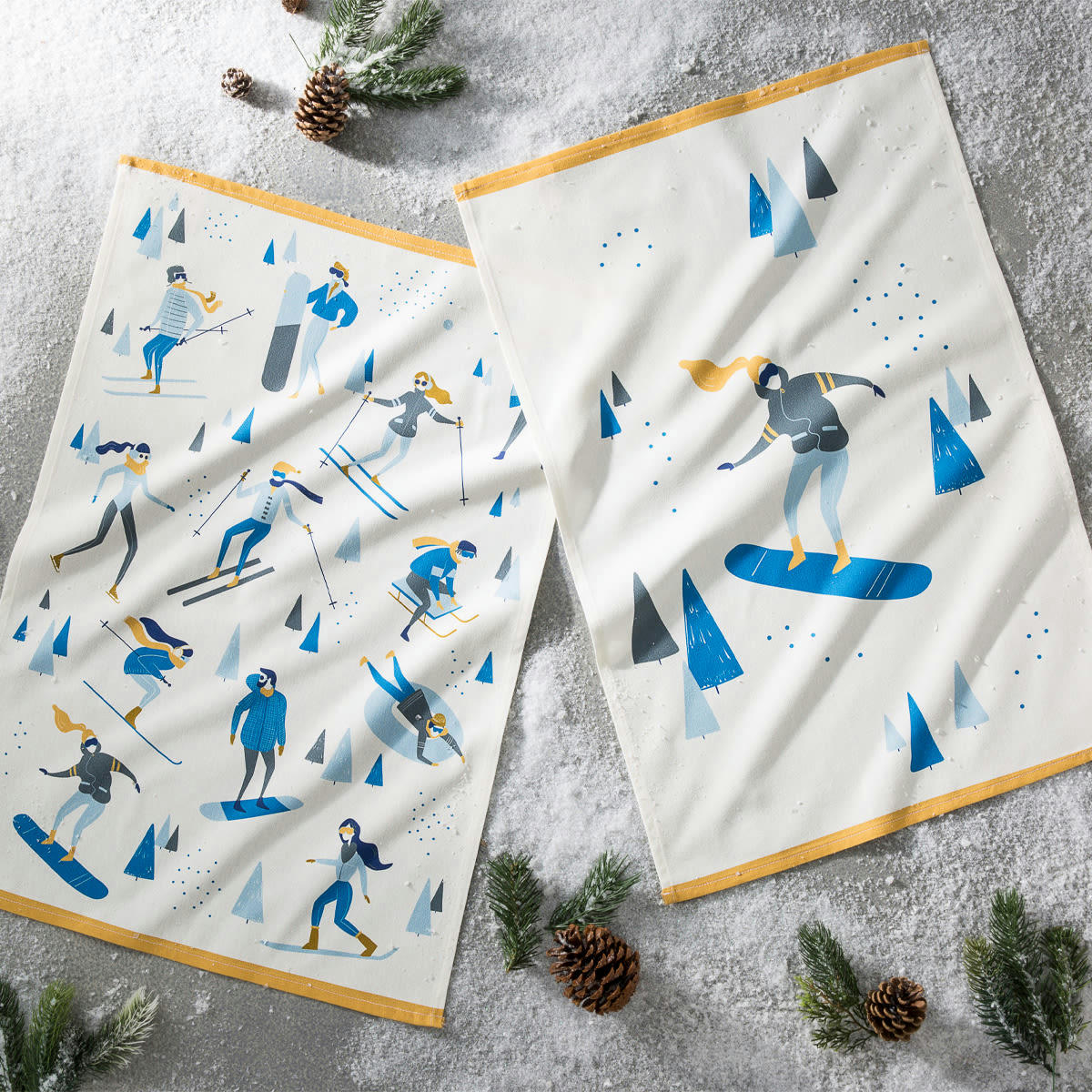 SPORTS D'HIVER ET SNOWBOARDEUSE - Lot de 2 torchons imprimés en coton bleu 50x75