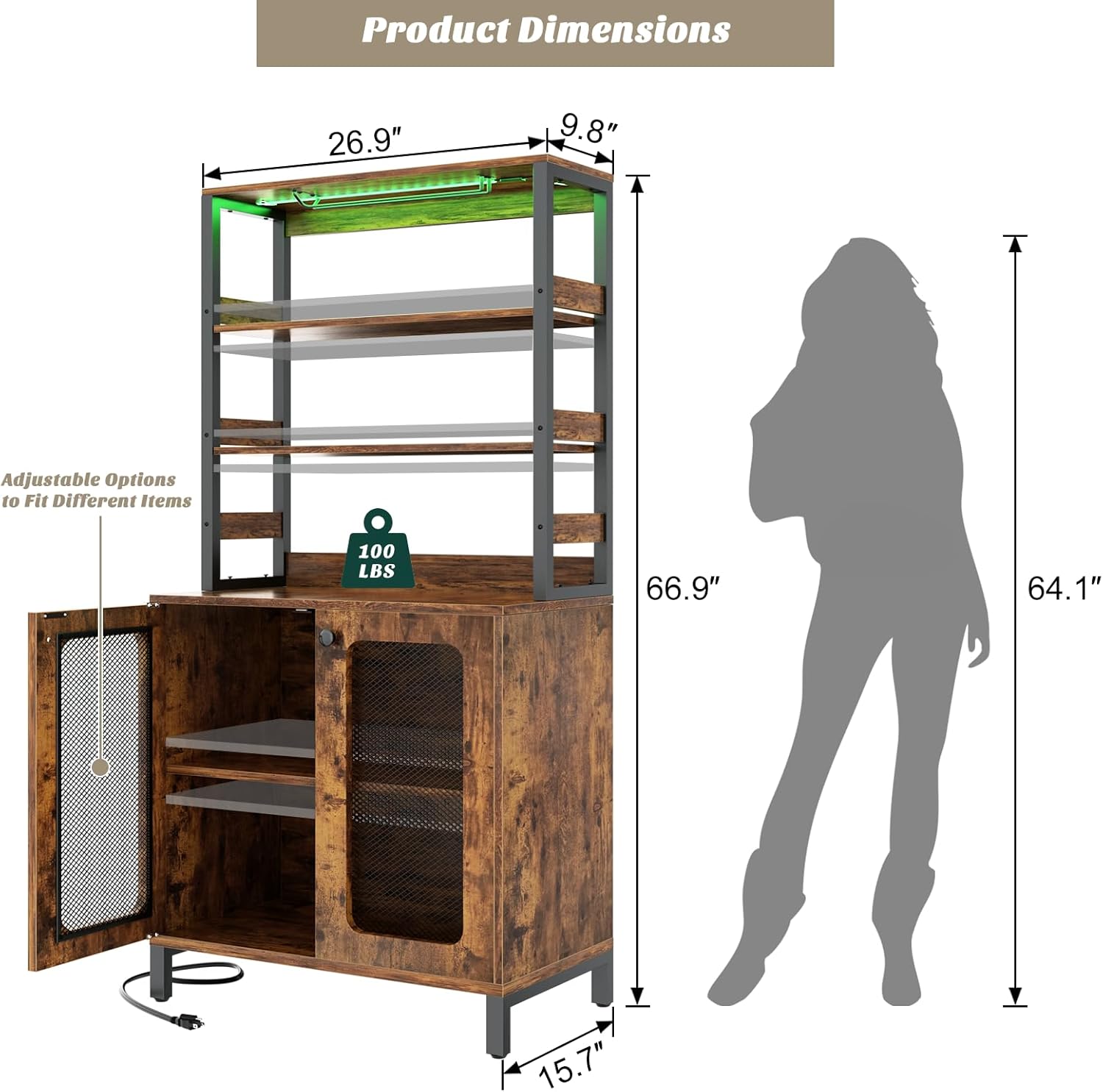 Aheaplus Bar Cabinet with Power Outlets, Wine Bar Cabinet Liquor Cabinet with LED Lights & Glass Holder, Coffee Bar Station, Microwave Stand, Rustic Brown