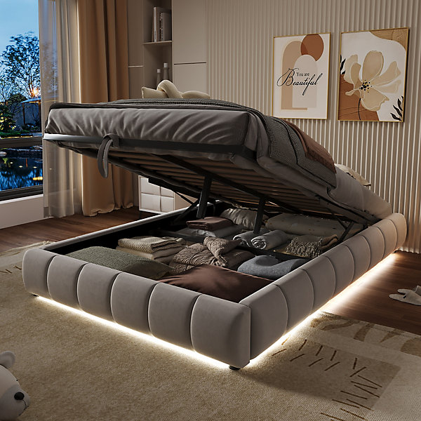 Lit 140x200 cm sans tête, coffre hydraulique avec LED blanche intégrée, tapissé flanelle beige, cadre métal 150 kg