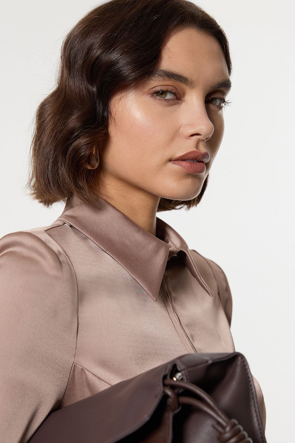 KarenMillen Petite Satin Back Crepe Strong Shoulder Woven Zip Front Blouse