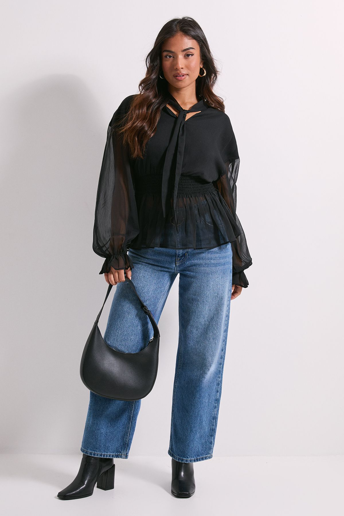 Dorothy Perkins Petite Tie Neck Shirred Waist Boho Blouse