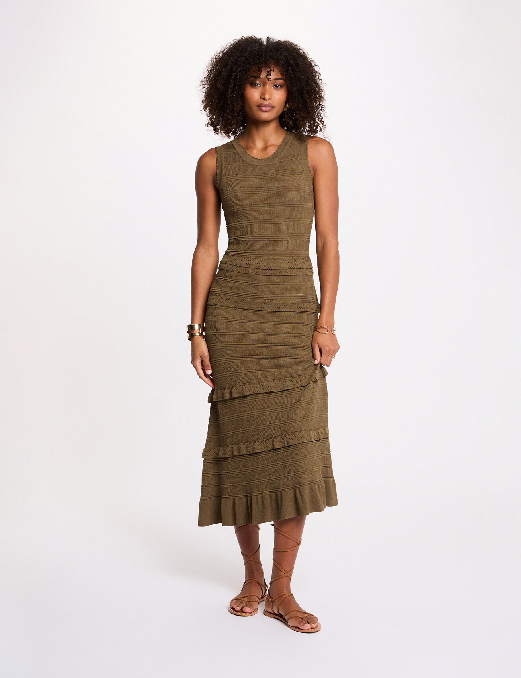 Long Fitted Knit Dress Khaki Green Women