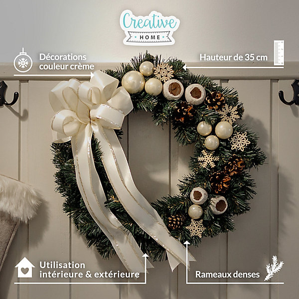 Creative Home Couronne de Noël Crème - Diamètre 35 cm - Decoration Noel Exterieur - Couronne de Noel Porte - Décoration Noel