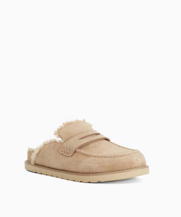 Goldy Beige - Faux Shearling Lined Backless Mule Suede Loafers