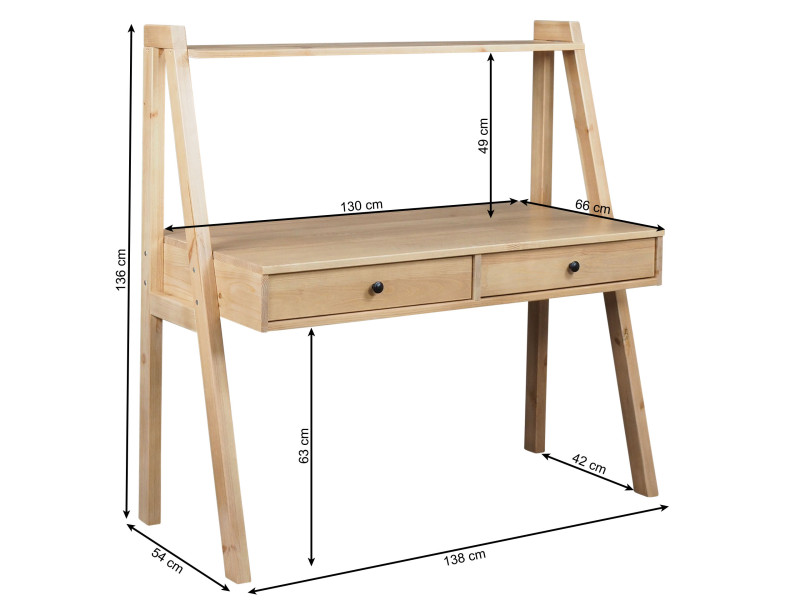 Biurko 138 cm drewniane z półką i szufladami Shelf Black, kolor sosnowy