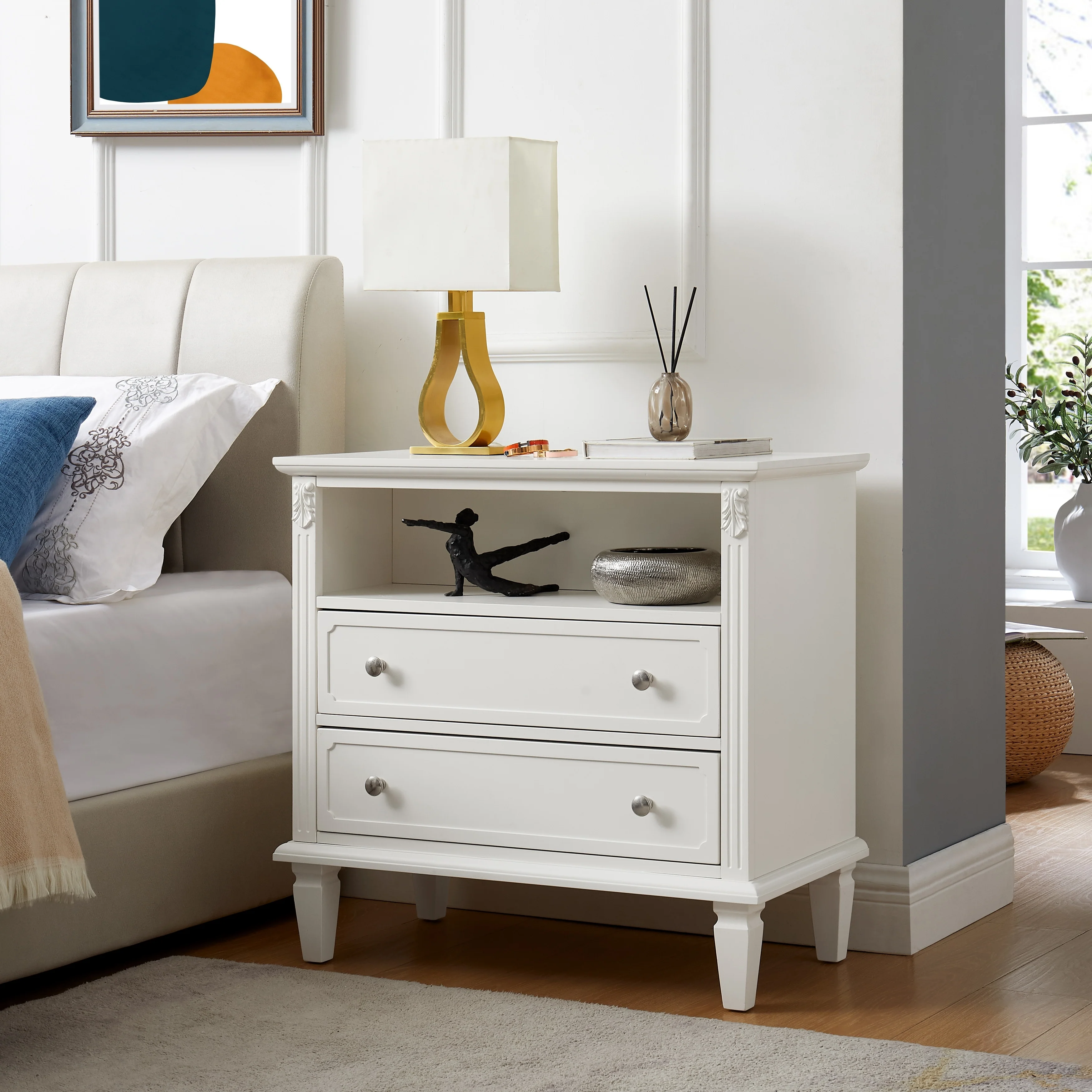 Farmhouse Nightstand with Charging Station and USB Ports Open Space and 2 Drawers Nightstand with Solid Wood Legs Side Table
