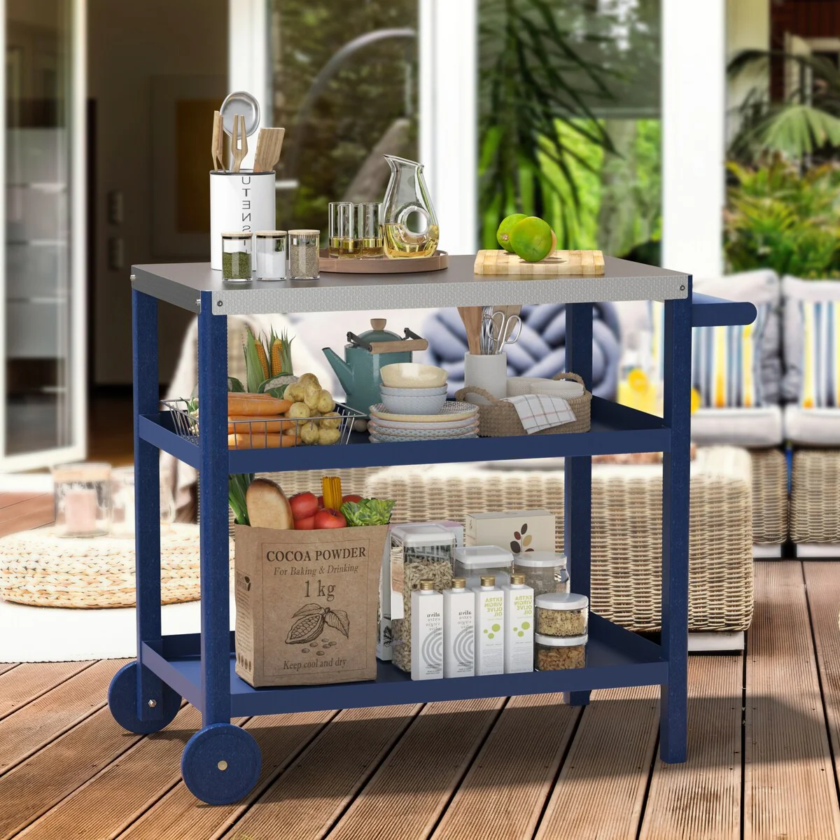 Outdoor 3-Shelf Grill Cart Table, Stainless Steel Dining Cart with Wheels for Pizza Oven, Patio Grilling Backyard BBQ