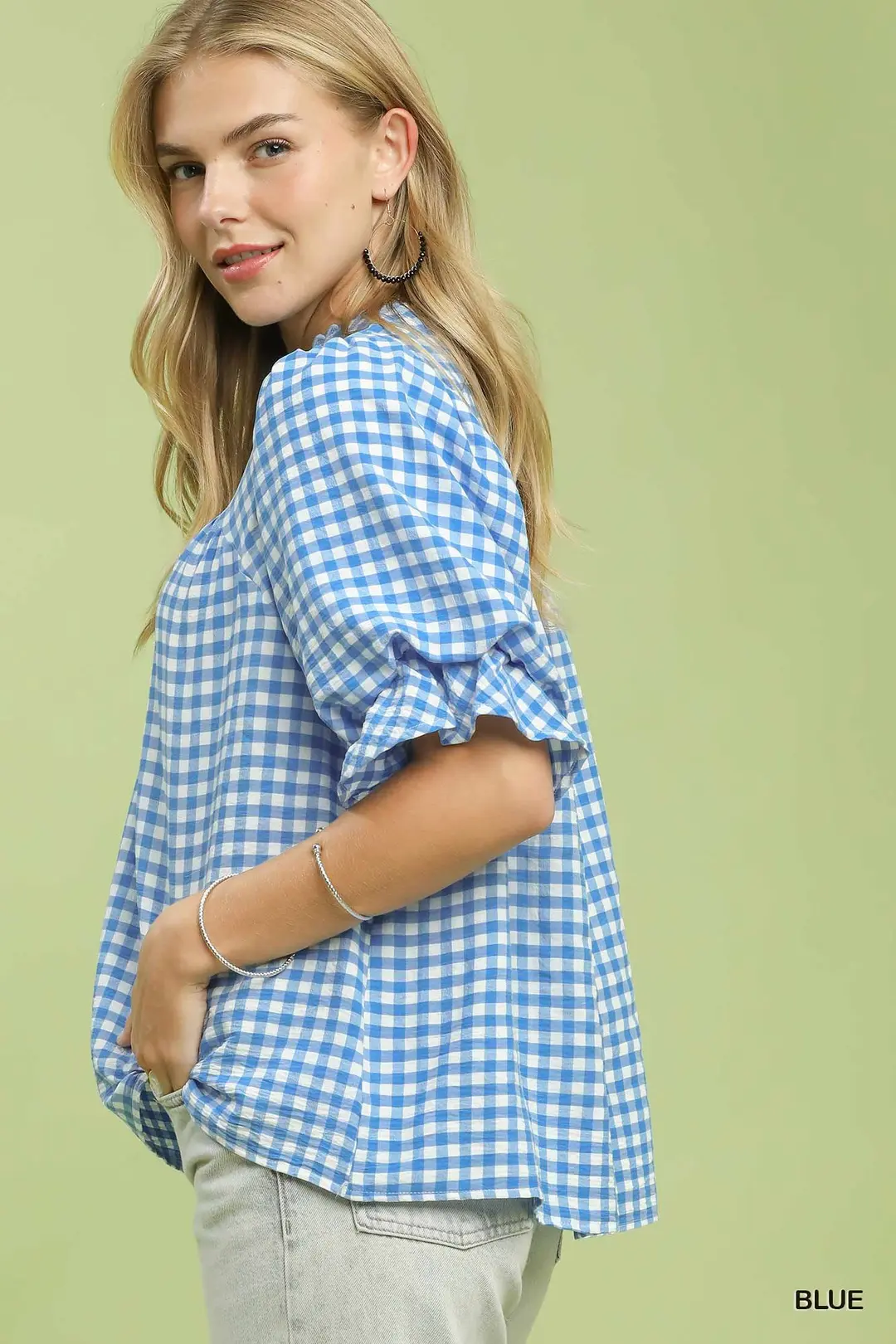 Gingham Check Blouse with Ruffle Sleeves