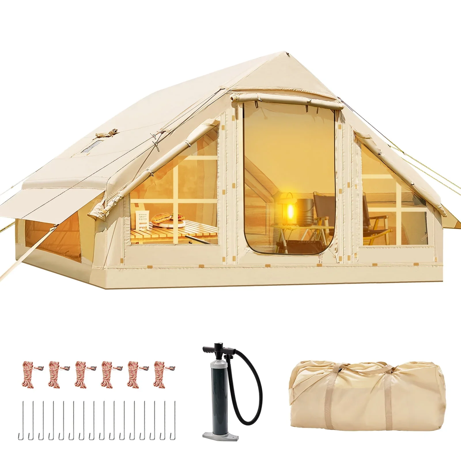 6 Person Inflatable Camping Tent with Pump, 10ft x7ft Glamping Family Tent Easy Setup 4 Season Waterproof Windproof Outdoor Blow Up Tent Luxury Oxford Cabin with Mesh Windows  Doors