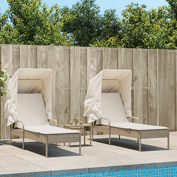 Chaises longues lot de 2 avec auvents et table beige poly rotin vidaXL