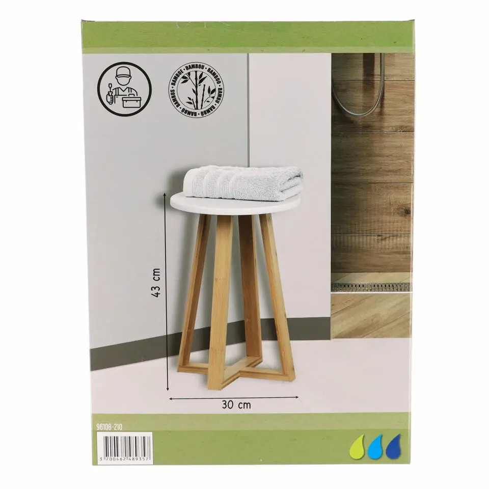 Tendance Bijzet krukje - wit - bamboe hout - D30 x H43 cm