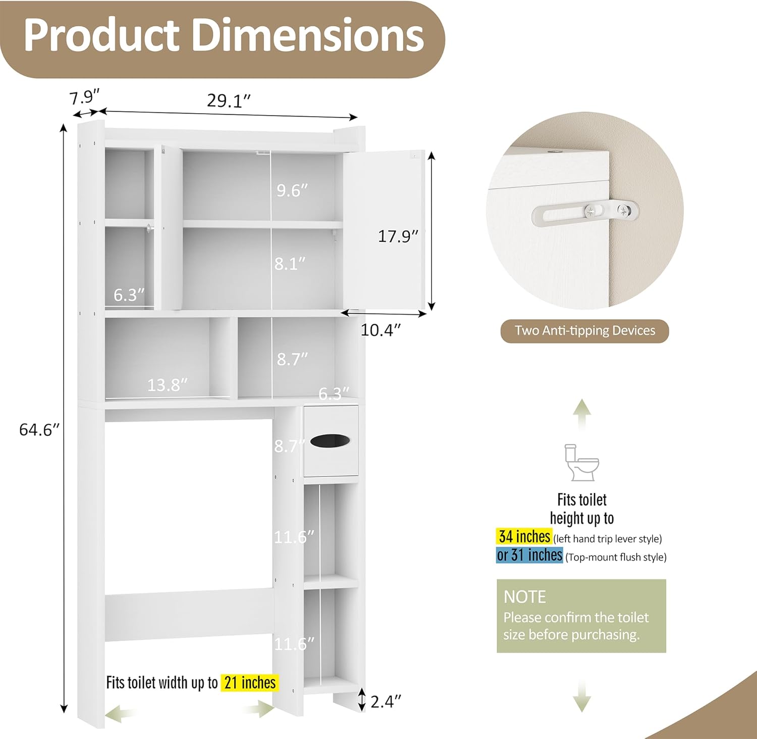 Meilocar Over the Toilet Storage Cabinet, Freestanding Storage Cabinet Over Toilet, Bathroom Storages Organizer Cabinets with Toilet Paper Holder Stand and Adjustable Shelf, White