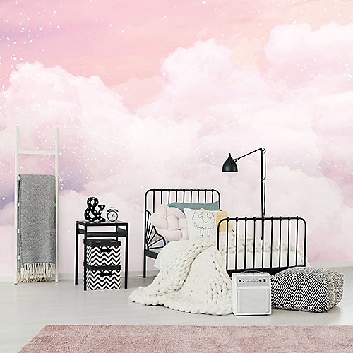 Papier Peint Enfant Nuages Rose Ciel Intissé Panoramique 350x250 cm - Colle Inclus - Chambre Enfant - Moderne Trompe l'oeil