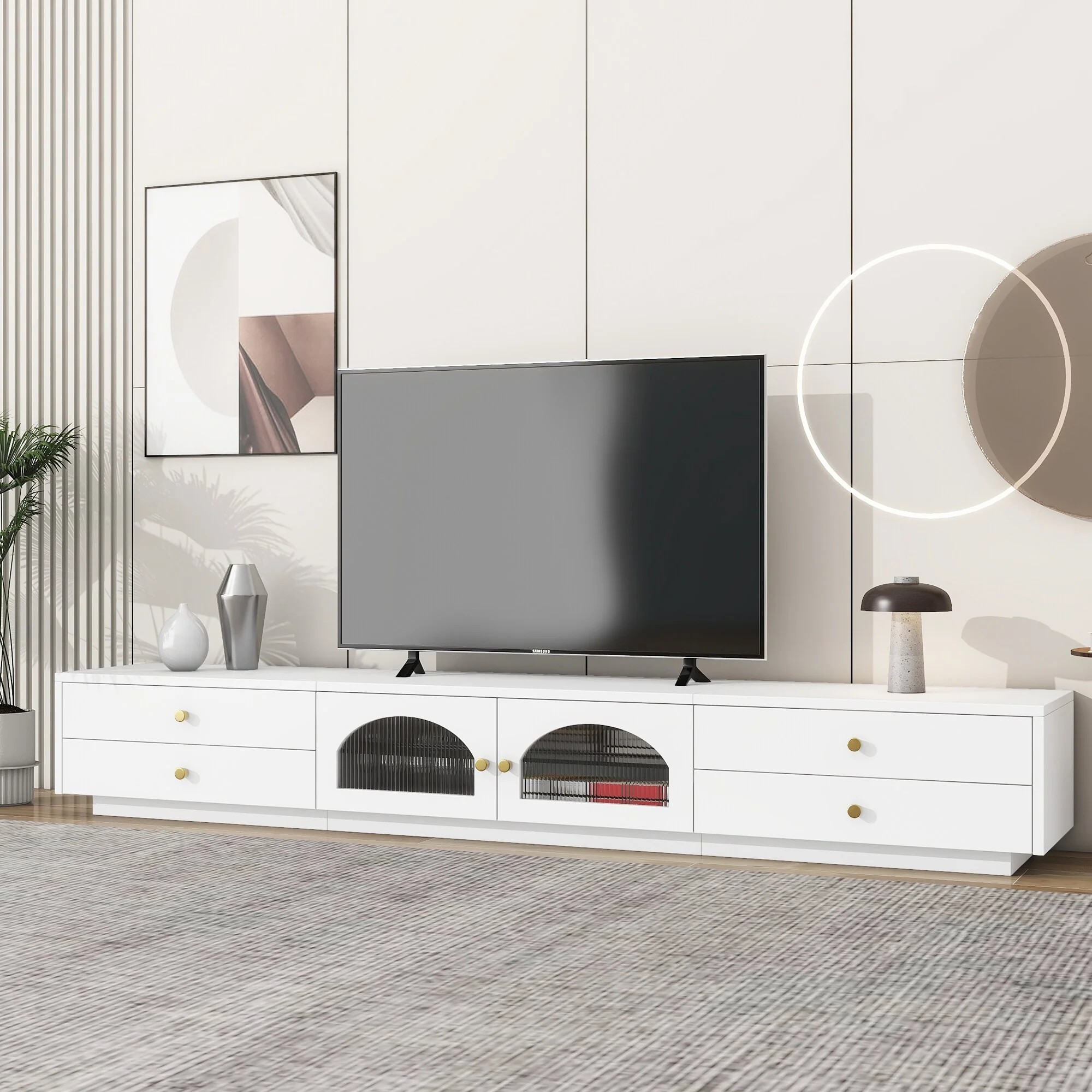86.6 Wood TV Stand for TVs Up to 95, Floor Media TV Console Table w/ 4 Storage Drawers TV Media Center for Living Room