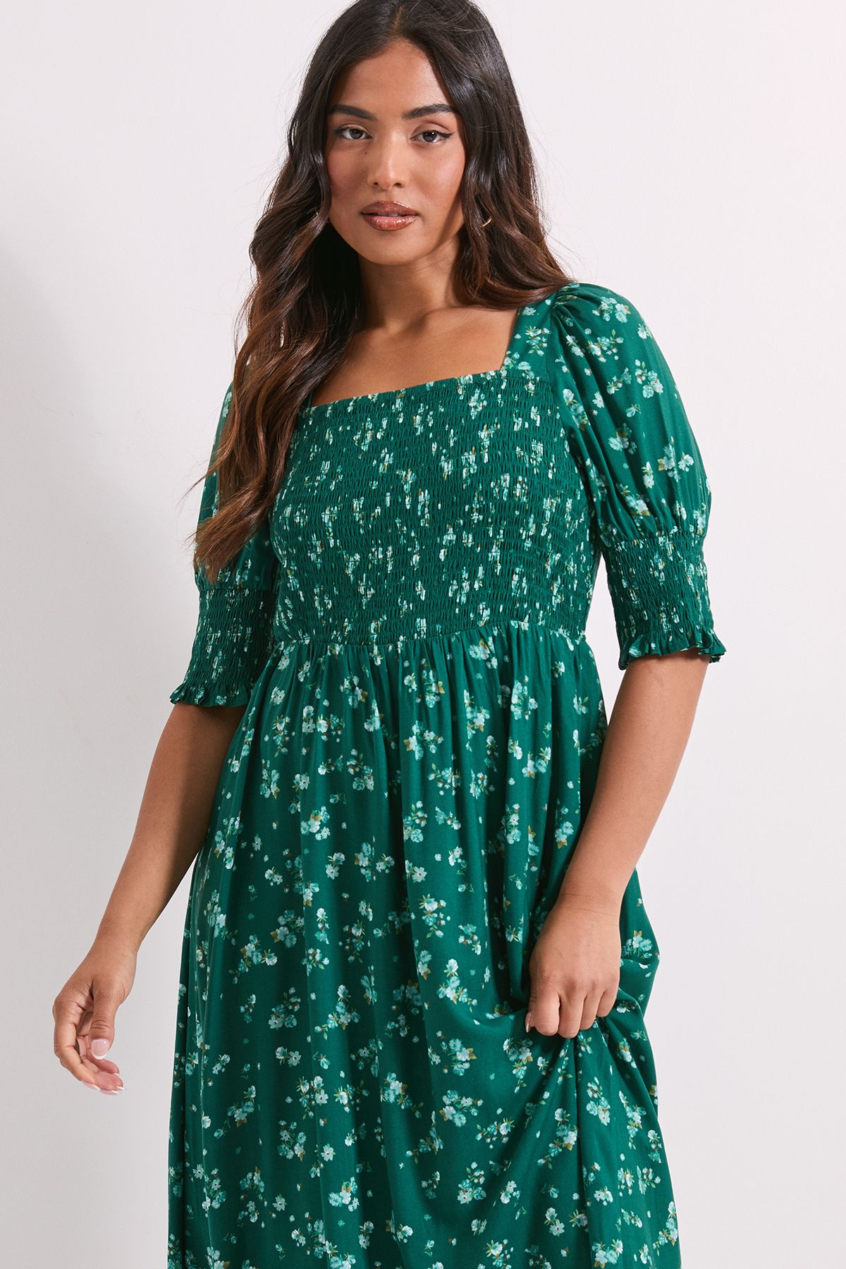 Dorothy Perkins Petite Green Floral Shirred Bodice Puff Sleeve Square Neck Midi Dress