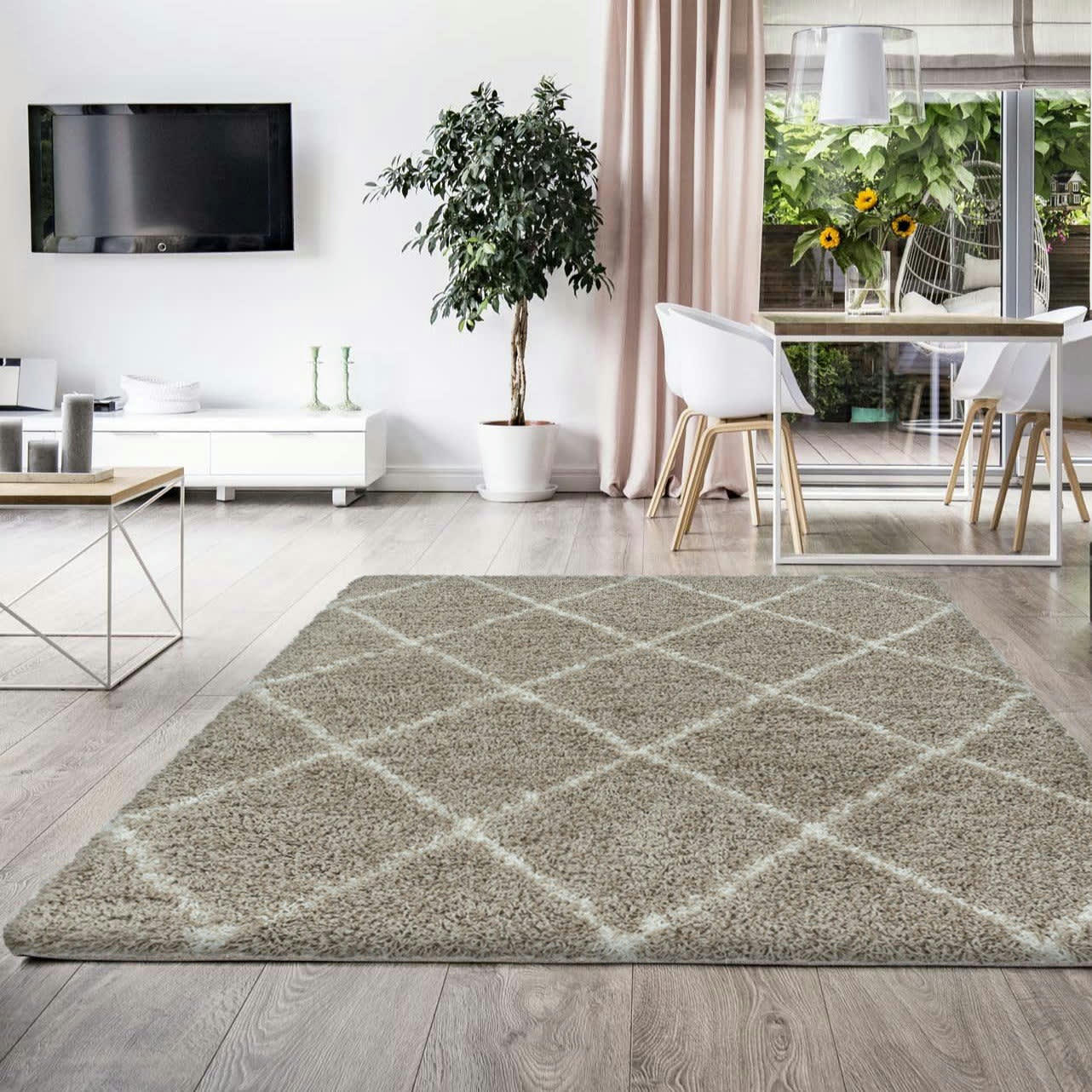 LOSANGES - Tapis de style géométrique beige et blanc 140x200cm