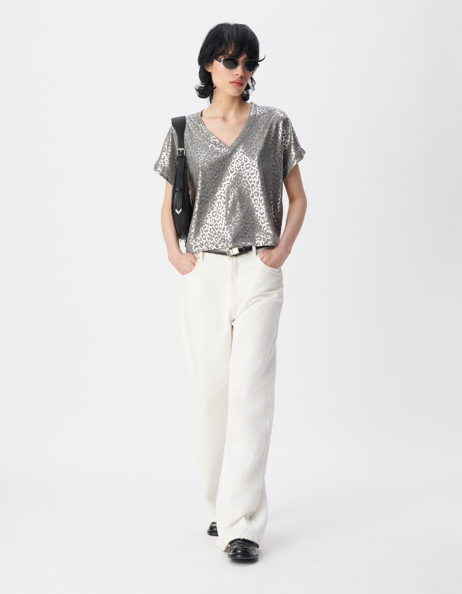 Tee-shirt gris motif léopard argent métallisé Femme