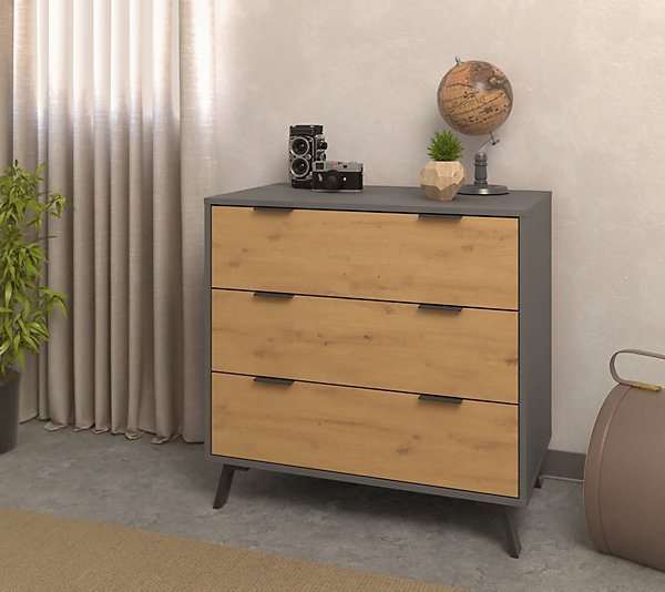 Commode, meuble de rangement avec 3 tiroirs coloris gris, chêne - Hauteur 78 x Longueur 80 x profondeur 48 cm