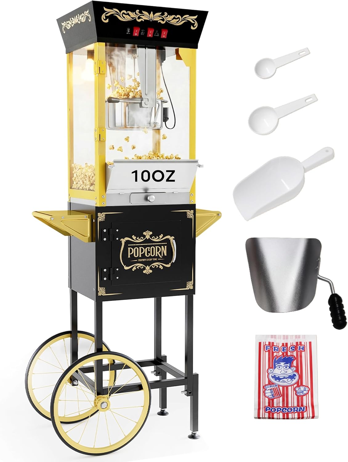 Popcorn Machine with Cart, Authentic 10oz Movie Theater Style Popcorn Maker with Warming Deck, 850W Vintage Standing Popcorn Machine for Home, Parties, Gift (Black and Gold)