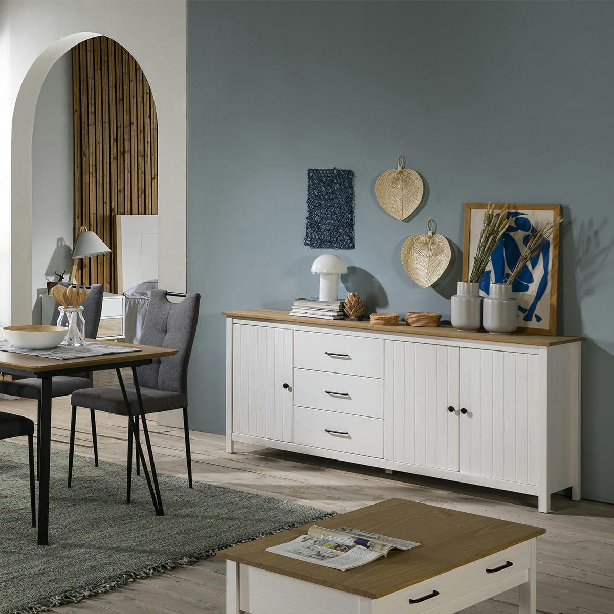 IDA - Buffet 3 portes 3 tiroirs en pin massif blanc 190 cm