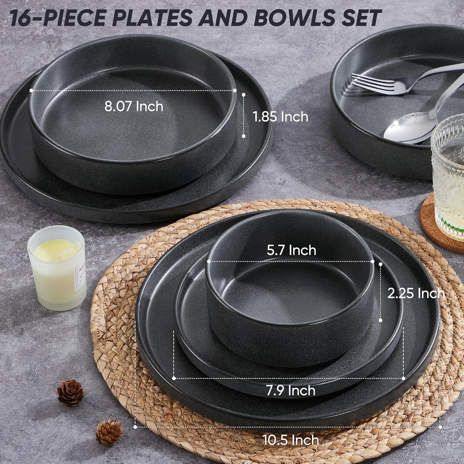 E-far 16-Piece Plates and Bowls Sets - Stoneware Dinnerware Sets with Pasta Bowls for 4 | Microwave & Dishwasher Safe Kitchen Modern Dish Set, Deep Gray