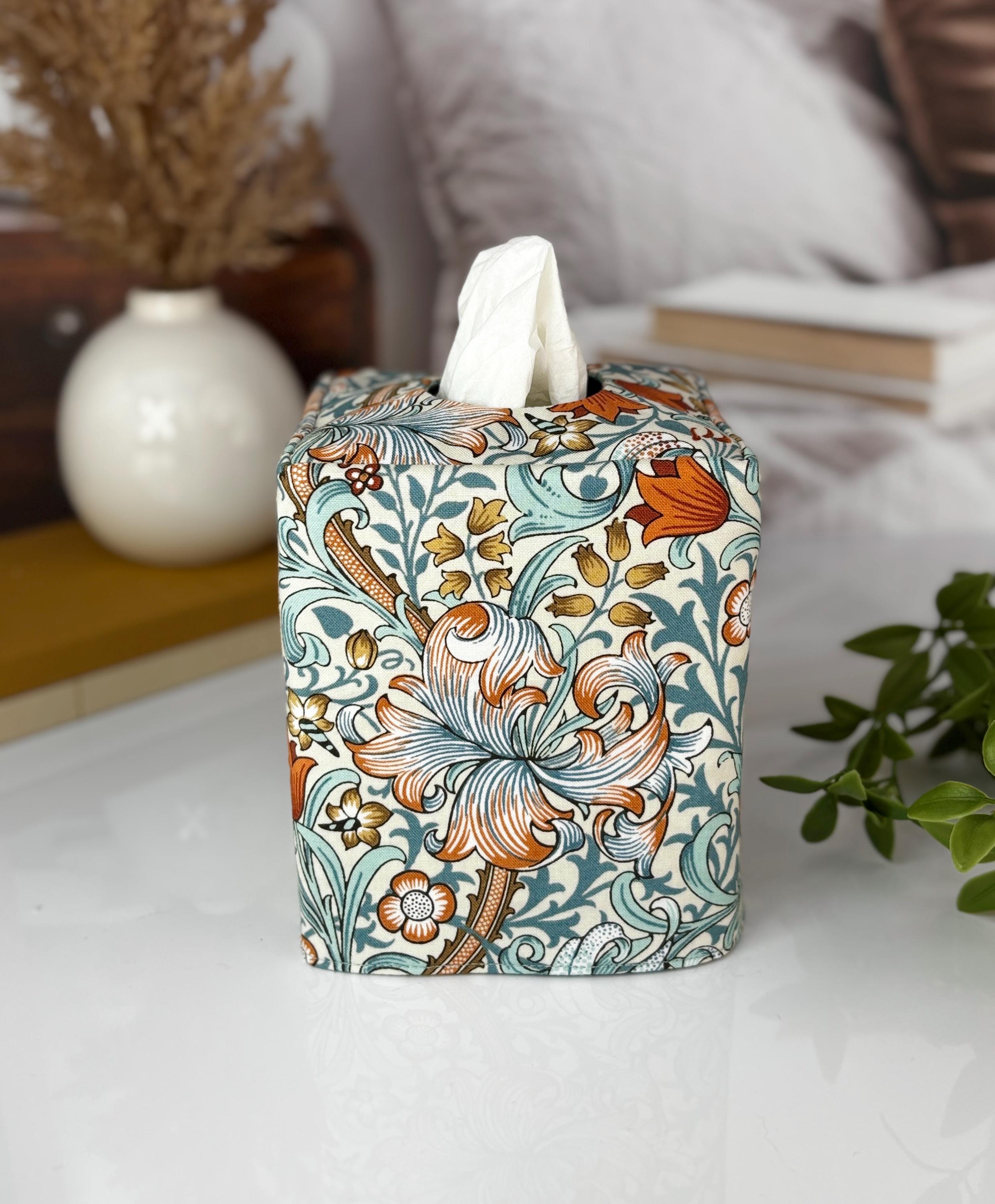William Morris Strawberry Thief Aqua Tissue Box Cover | Reversible Fabric Floral Bird Decor | Handmade Cottage Home USA