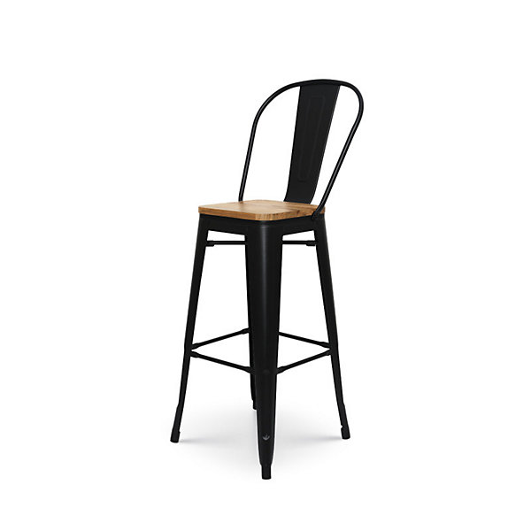 Lot de 4 tabourets de bar en métal noir mat style industriel avec dossier haut et assise en bois clair Hauteur 76 cm