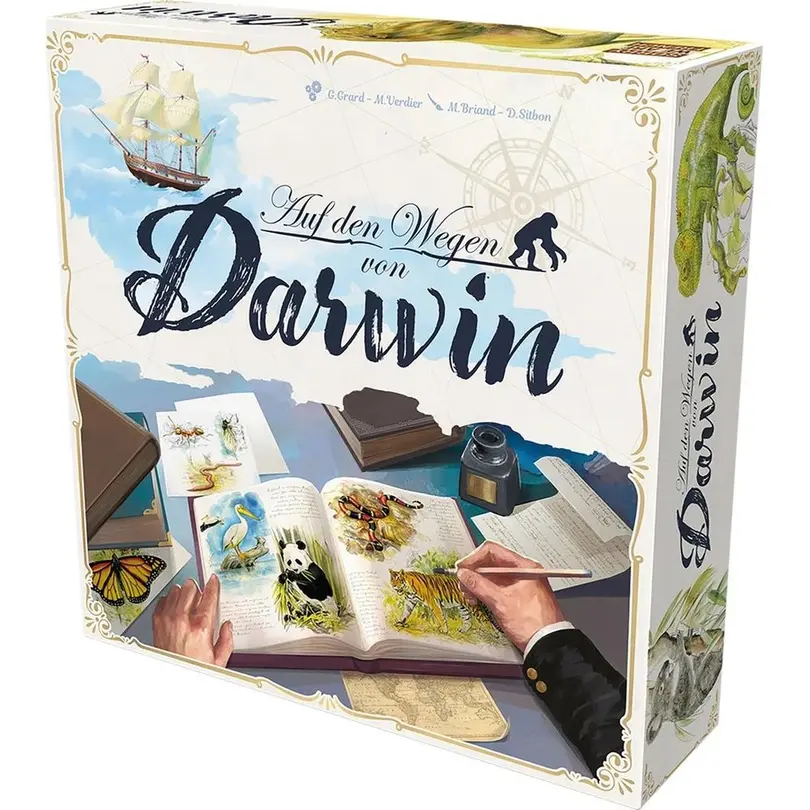Familienspiel Set bestehend aus verschiedenen Artikeln Auf den Wegen von Darwin