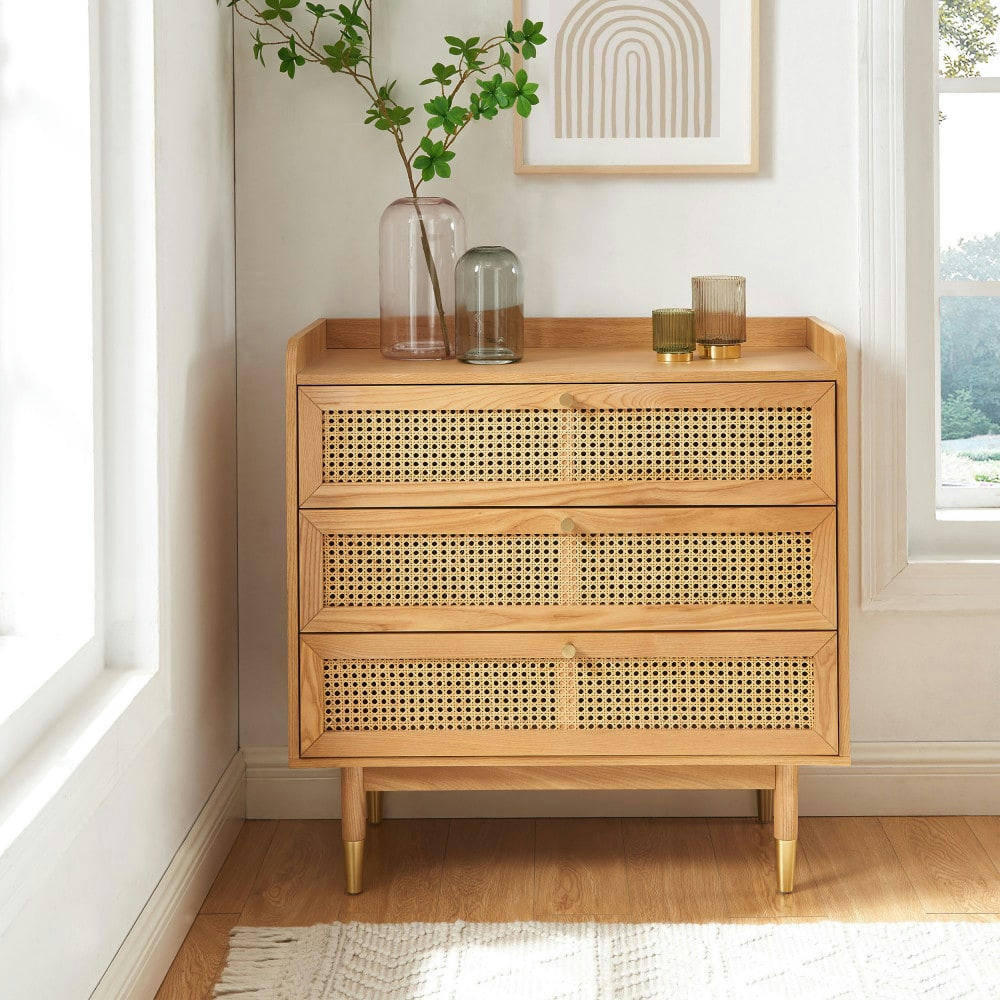 BOMBONG - Commode 3 tiroirs en bois et cannage L85cm bois clair