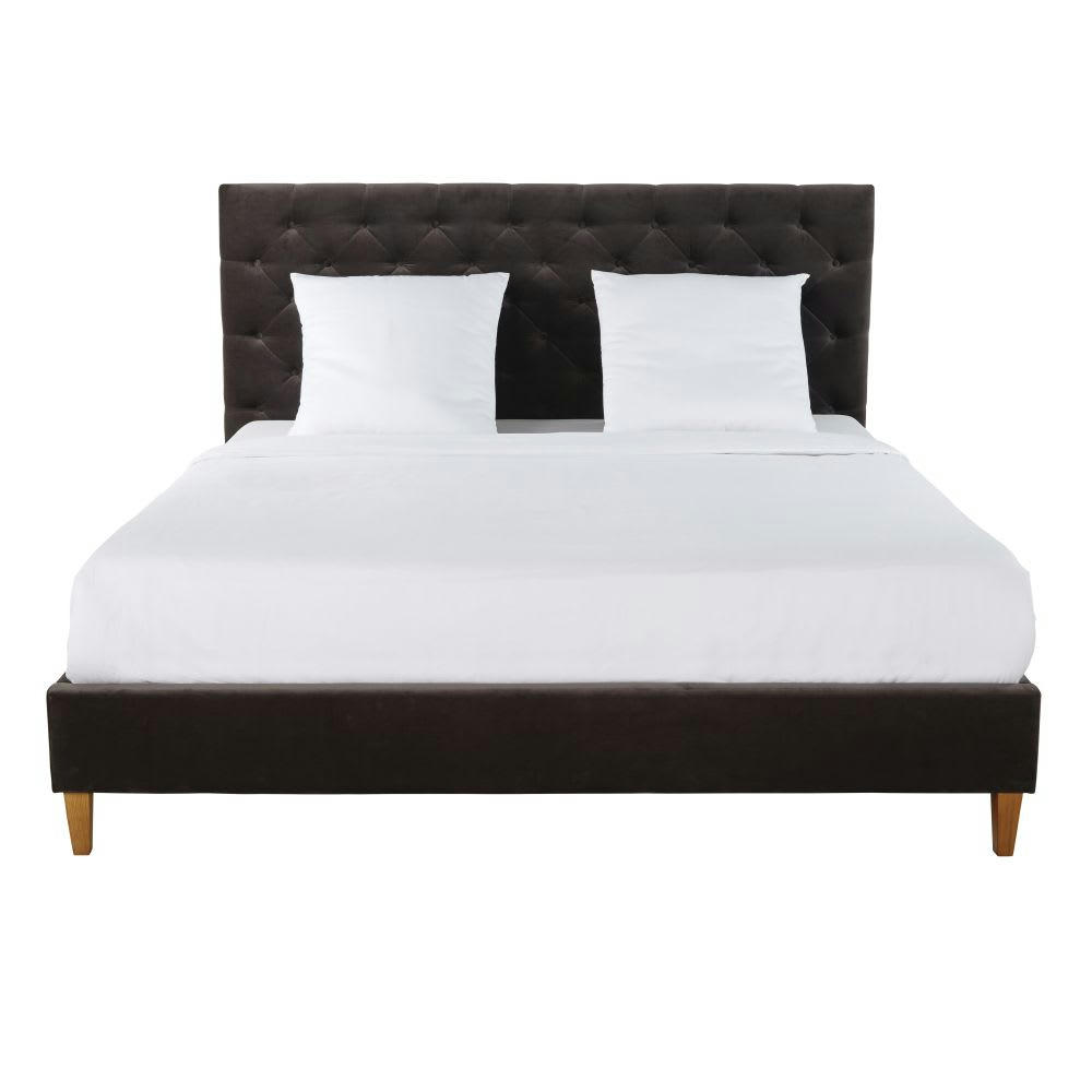 Chesterfield -  Lit capitonné en velours avec sommiers à lattes gris 180x200