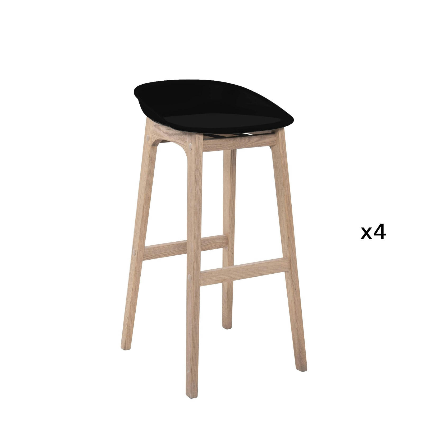 RIVA - Tabourets d'ilot 75cm  pieds chêne assise plastique noire - Lot de 4