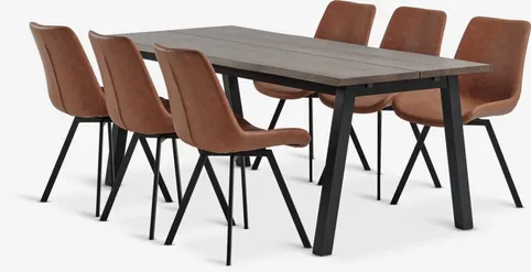 SKOVLUNDE L200 bord mørk eg + 4 HYGUM stole cognac
