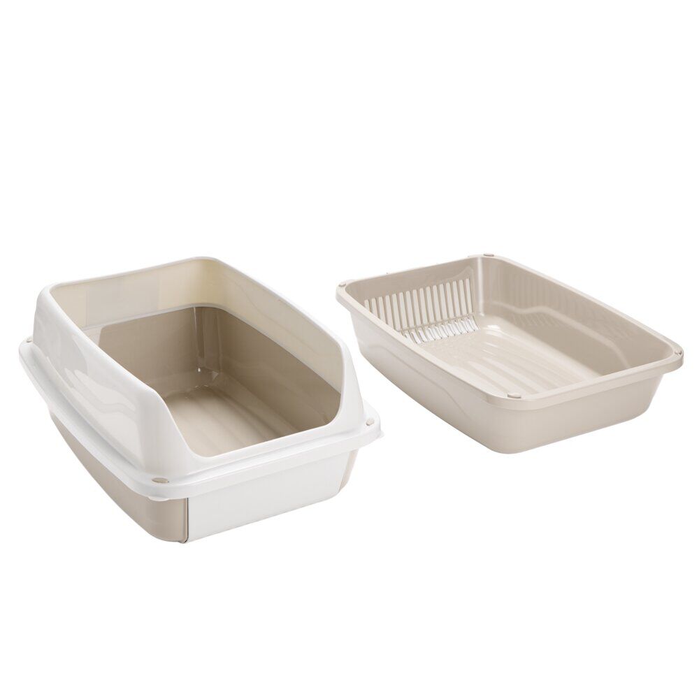 Bac à litière avec système de nettoyage plastique beige et blanc 56x40xH25cm